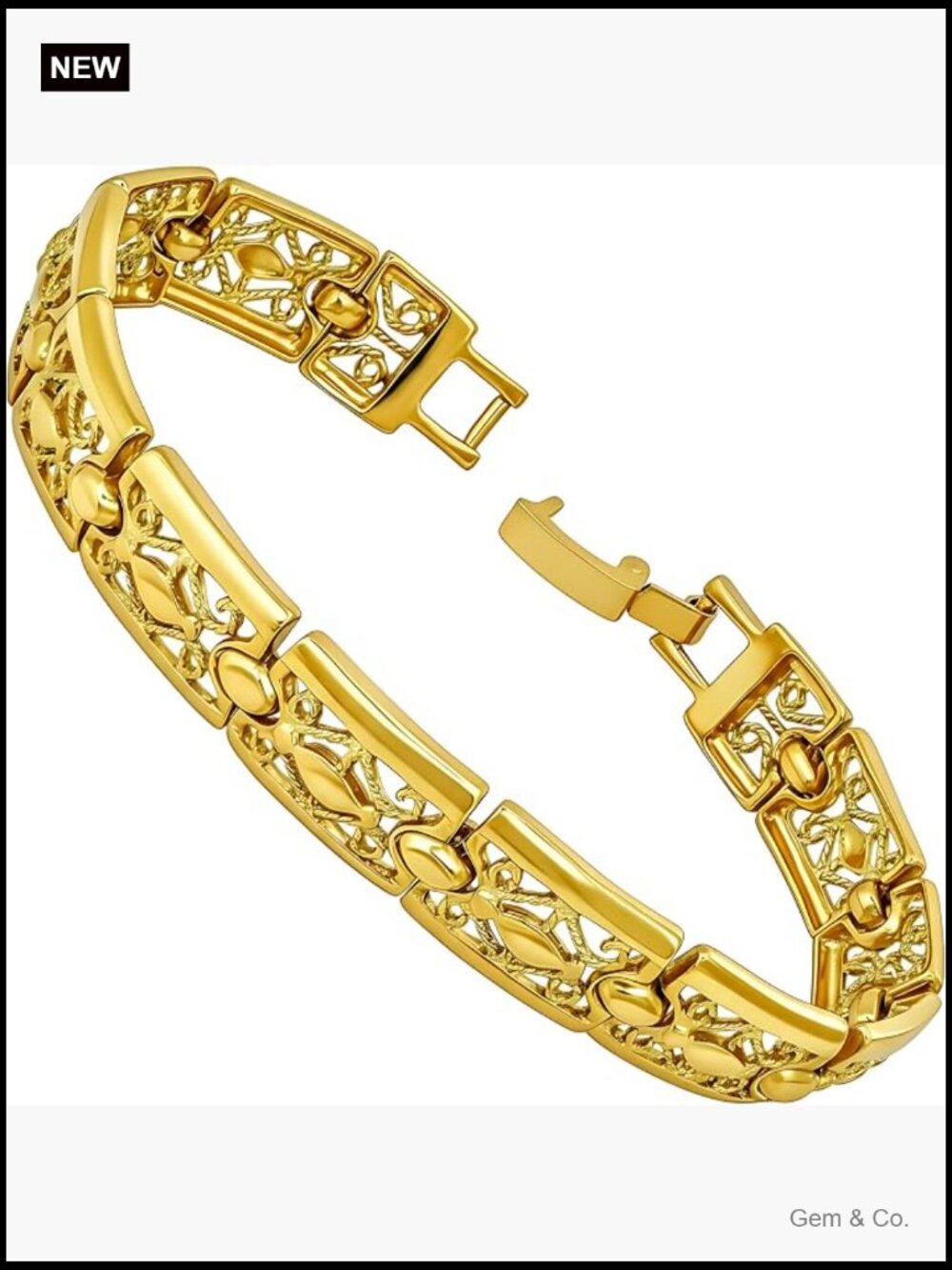 Filigree 9mm Link Bracelet 24k Gold Plated Chain Unisex